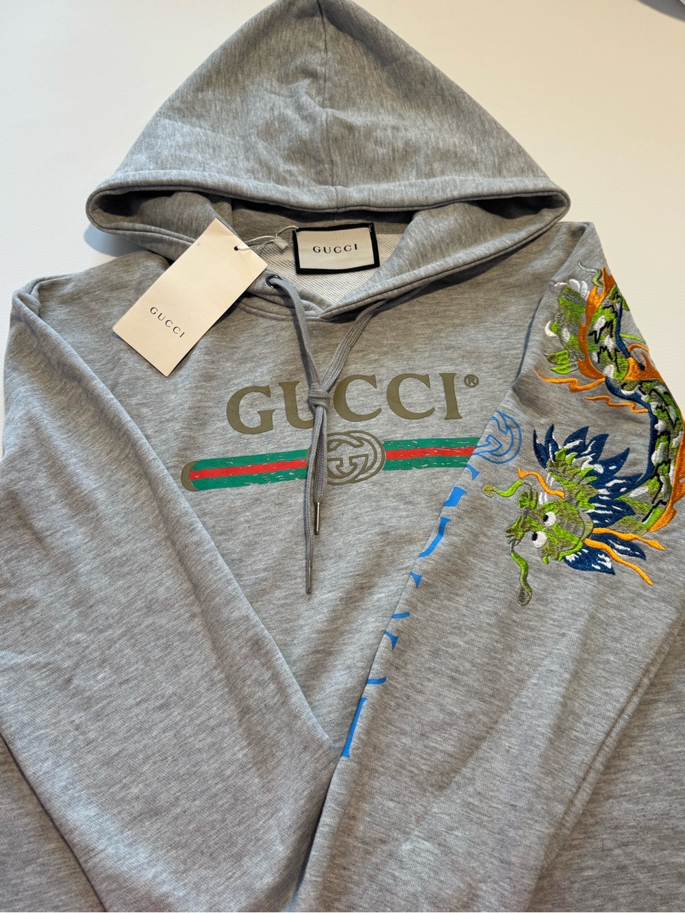 Gucci Gray Hoodie with Blue and Green Accents